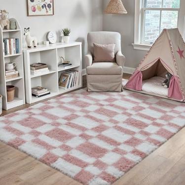 Imagem de HUGEAR Tapete quadriculado 10 x 15 cm para sala de estar, rosa e branco, tapete felpudo super macio, lavável, tapete felpudo e aspirável para quarto, casa, dormitório, decoração antiderrapante