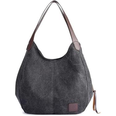 Imagem de Bolsas de ombro lona vintage para mulheres fashion tote casuais grande capacidade com múltiplos bolsos senhoras costura PU zíper fechamento botão pressão