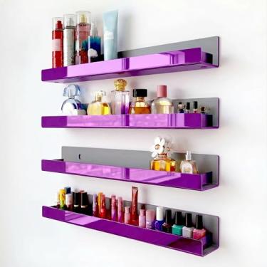 Imagem de RORKIM Pacote com 4 prateleiras de acrílico refletivas roxas de 38 cm, prateleiras flutuantes roxas, óculos de sol modernos, prateleira de armazenamento de brinquedos com imagem de óleo essencial