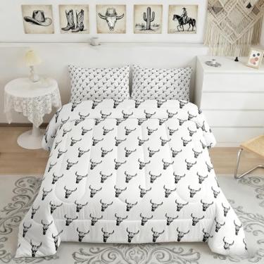 Imagem de Jogo de cama queen, caubói, crânio, gado, asteca, boêmio, para decoração de quarto de crianças, adulto, vintage, estilo rústico, de poliéster macio, edredom branco, 2 fronhas