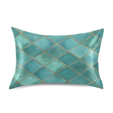 Imagem de Blueangle Fronha de cetim xadrez geométrica em aquarela azul-petróleo para cabelo e pele, tamanho padrão (50,8 x 66 cm) - Capas de almofada de cetim refrescantes com fecho de envelope (171)