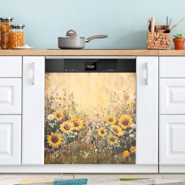 Imagem de ATTX Capa de ímã caprichosa de girassóis para lava-louças de jardim, 58,4 cm C x 66 cm A decoração da capa da máquina de lavar louça, decalques de armário doméstico eletrodomésticos adesivos #132