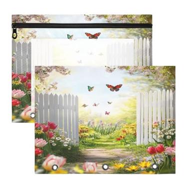 Imagem de SEHANY Pasta de lápis de flores de jardim com 3 anéis - bolsa de documentos com zíper tamanho A4 com janela transparente para sala de aula, escritório, 2 peças