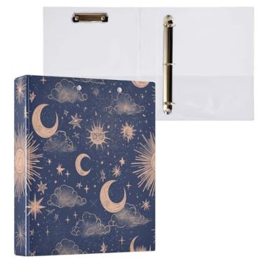 Imagem de Blueangle Fichário elegante com 3 anéis para sol e lua com prancheta e 2 bolsos - Organizador de documentos decorativos de 3 cm para escritório, suprimentos para reuniões (357)