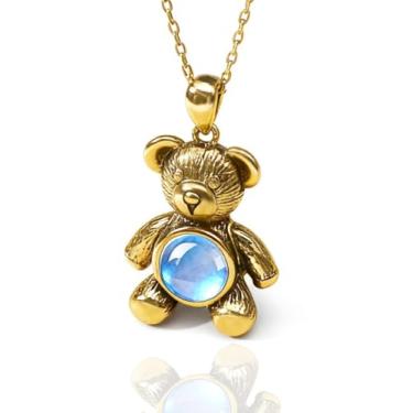 Imagem de MOLAYES Colar com pingente de urso de pelúcia pedra da lua para meninas, prata esterlina banhada a ouro 18 K, presente inspirador de novos começos para meninas, adolescentes e mulheres. Ajustável 41