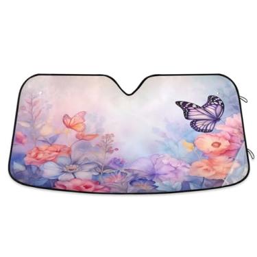 Imagem de ATTX Para-brisa de carro rosa borboletas 139.7 cm x 70.1 cm escudo solar universal com proteção UV, persiana de janela frontal automática dobrável para caminhões Sedans SUVs #867