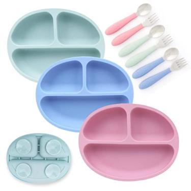 Imagem de Elk and Friends Pratos de sucção de silicone para bebês e crianças pequenas, conjunto de alimentação de talheres de aço inoxidável, prato dividido com design de ventosa, garfos e colheres incluídos