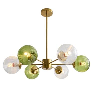 Imagem de Luminária pendente com globo transparente, lustre de 6 lâmpadas com cúpula de vidro, estilo moderno de meados do século XX, lustre verde, plafon com nervuras, lustre em latão escovado.