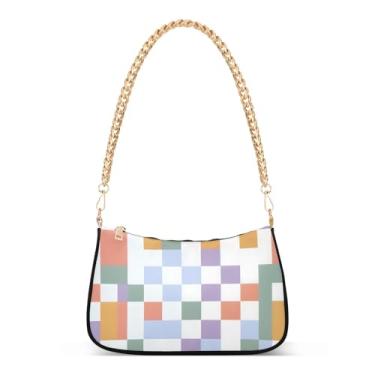 Imagem de CEBUGI Bolsas transversais femininas bolsa de ombro arco-íris quadriculado elegante bolsa clutch com alça de corrente