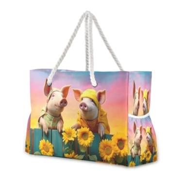 Imagem de Wassud Bolsa de praia Sunshine Pigs (2) bolsas de praia grandes para mulheres, à prova d'água, à prova de areia, bolsa de viagem com zíper e bolso, piscina, academia, acampamento, bolsa