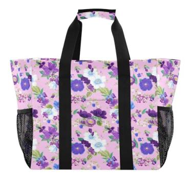 Imagem de Wassud Sacolas de compras reutilizáveis de flores românticas grande bolsa organizadora de lona impermeável para praia, piquenique, lavanderia, viagem