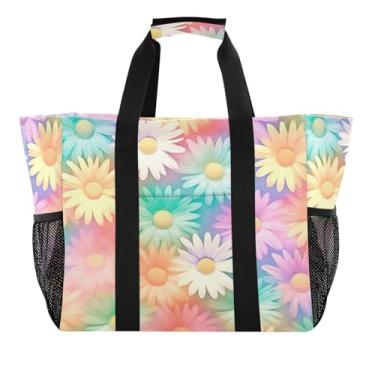 Imagem de Wassud Margaridas coloridas (2) sacolas de mercearia reutilizáveis grande bolsa de lona impermeável organizador de viagem para praia, piquenique, lavanderia