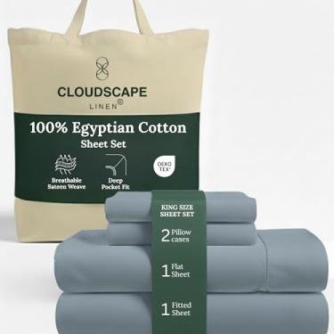 Imagem de Jogo de cama king size de algodão egípcio de camada dupla Cloud Scape Linen – Trama de cetim de fibra longa, conjunto de cama macio de qualidade hoteleira de 4 peças, bolsos profundos de até 41 cm