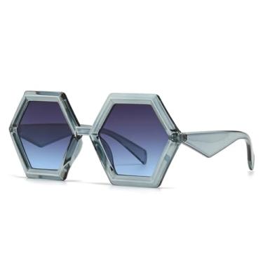 Imagem de Óculos de Sol Retrô Poligonal Feminino Degradê UV400 Moda Masculina Duas Cores Tendência (Azul acinzentado e azul)