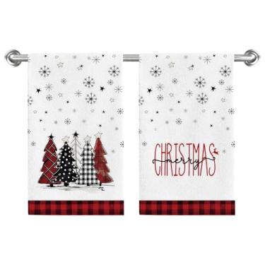 Imagem de Conjunto de 2 toalhas de prato de Natal xadrez buffalo, vermelho e preto, toalhas de mão com árvores de Natal, 45,7 x 66 cm, panos de prato de secagem sazonais de inverno para cozinha, banheiro