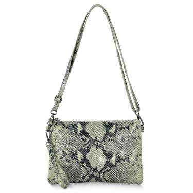 Imagem de Bolsa tiracolo feminina de camurça genuína italiana com estampa Python e alça removível | Bolsa de ombro pequena, Cinza, Small