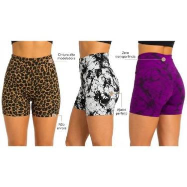 Imagem de Kit 3 Shorts Marmorizados Femininos Fitness Cintura Alta Cor:Onça/Bran