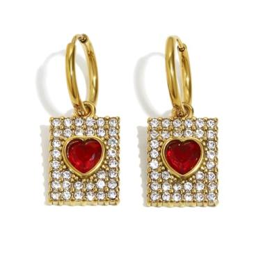 Imagem de Kokoma Brincos de argola quadrados geométricos para mulheres, zircônia cúbica, coração, pingente de coração, brincos de aço inoxidável, joias modernas