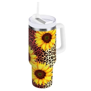 Imagem de ODAWA Copo de café grande para viagem com tampa e canudo, estampa de leopardo girassóis à prova de vazamento