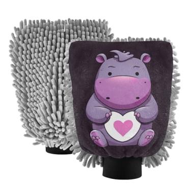 Imagem de ODAWA Luvas de microfibra para carro de hipopótamo de desenho animado, pacote com 2, luvas de chenille para lavagem de carro 18 x 26 cm