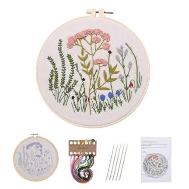 Imagem de Drefund Kit de bordado para iniciantes, kit de ponto cruz, kits de padrão floral pré-estampado para adultos com fio de bordado de argola, bordado fácil de seguir