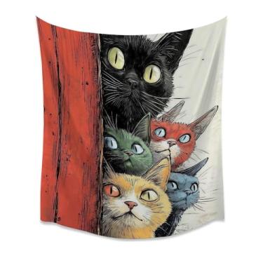 Imagem de Tapeçaria de parede de gatinho fofo com ilustração de porta de gatinho colorido para pendurar arte engraçada para animais de estimação aconchegante quarto dormitório lounge apartamento decoração de