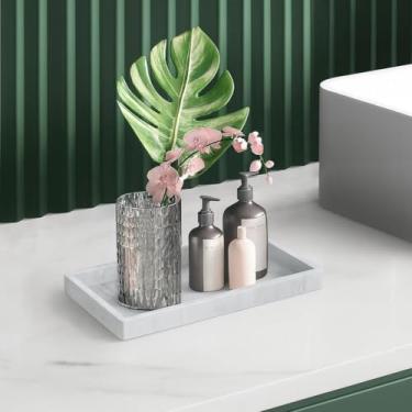 Imagem de Bandeja de banheiro feita de mármore branco, bandeja de pia de cozinha de resina de 20 x 10 cm, bandeja organizadora de bancada de banheiro para caixa de sabonete, placa de armazenamento de toalhas de