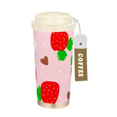 Imagem de TSENQUE Copo de café de viagem 473 ml, copo de café com revestimento cerâmico com canudo e tampa, copo isolado a vácuo de aço inoxidável, morangos vermelhos fofos rosa