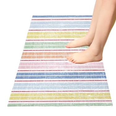 Imagem de TSENQUE Tapete de banheiro com listras multicoloridas de linho, tapete de cozinha xadrez, tapete absorvente antiderrapante para banheiro, cozinha, decoração de casa, 99 x 50 cm
