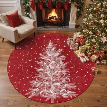 Imagem de Lahome Tapete redondo de Natal com estampa de árvore - Tapete redondo de 1,5 m vermelho lavável tapetes circulares para quarto, tapete antiderrapante macio para berçário, decoração de férias, tapete