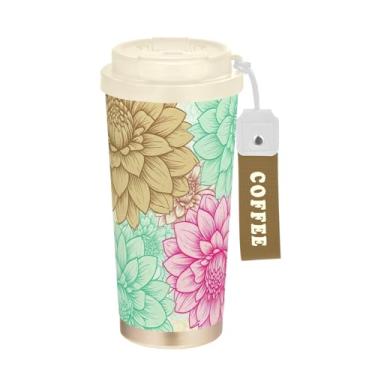 Imagem de TSENQUE Caneca de café de viagem de 473 ml com tampa de canudo e filp, copos de parede dupla isolados a vácuo com revestimento cerâmico, flores florais coloridas verdes e rosa