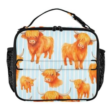 Imagem de Highland Cows Lancheira com listras brancas azuis para mulheres, meninas, lancheira masculina e infantil, lancheira para trabalho, bolsa térmica portátil para meninos