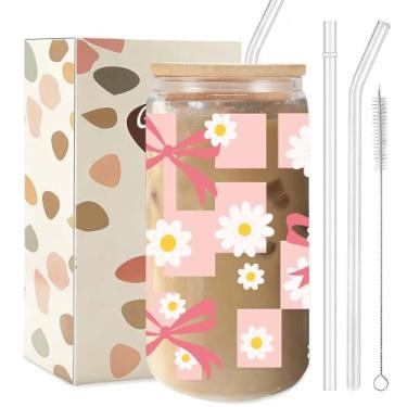 Imagem de TAGDANK Copo de vidro xadrez com laço rosa com margaridas brancas, copo fofo de 473 ml com tampa de plástico e canudos, xícara de café gelada estética para mulheres, ideia de presente de aniversário