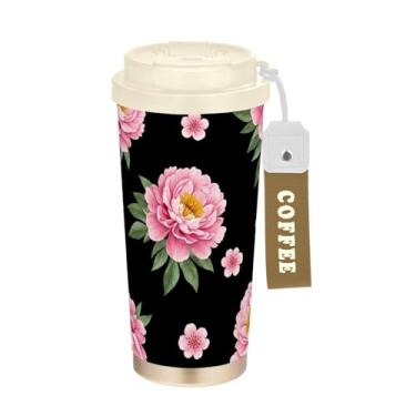 Imagem de TSENQUE Caneca de café de viagem de 473 ml com revestimento cerâmico, copo de café de aço inoxidável com tampa e canudo, copo isolado a vácuo, flores de peônia floral rosa preto