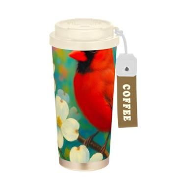 Imagem de Caneca de viagem de café 40 ml com canudo e tampa, revestimento cerâmico, isolamento a vácuo, aço inoxidável, copo de café, à prova de vazamento, pássaro vermelho de Natal vibrante