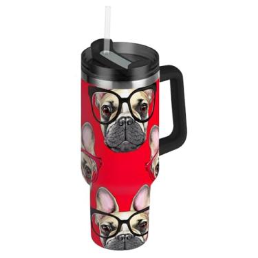 Imagem de French Bulldogs Copos vermelhos vibrantes com tampa e canudos Copo térmico de 850 g com alça garrafas de água isoladas de aço inoxidável caneca de café quente para carros