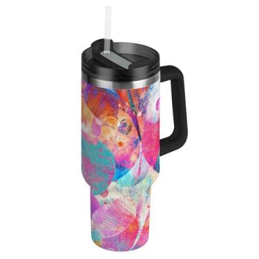 Imagem de Copos com tampa e canudos folhas utopia abstrato 1,134 g copo com alça garrafas de água com isolamento térmico copos de café quente de aço inoxidável para carro