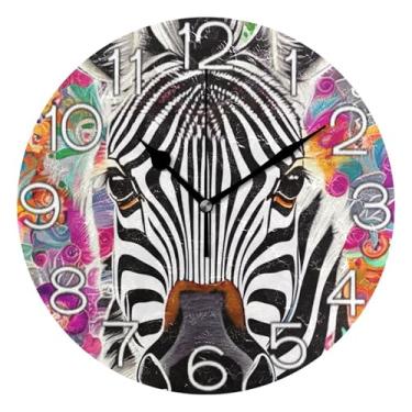 Imagem de GAIGEO Relógio de parede analógico decorativo divertido alimentado por bateria relógio de cozinha fofo, decoração de parede vintage sala de estar, arte estética zebra colorida, 25 cm, ponteiros pretos