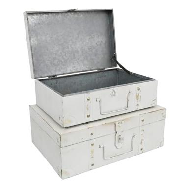 Imagem de Z² BellaDecor Baús de armazenamento de metal vintage - Conjunto de 2, baús de armazenamento decorativos antigos com tampas, caixas de mala decorativas, malas vintage para lembranças e decoração de