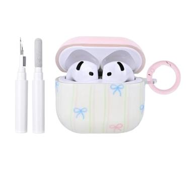 Imagem de Fycyko Capa compatível com AirPods 4, TPU macio com kit de limpeza, design de laço moderno, à prova de choque, capa de chaveiro para meninas, mulheres, estampa listrada rosa