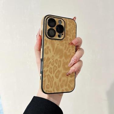 Imagem de HJZSZX Capa de couro luxuosa com estampa de leopardo colorido para iPhone 16 Plus, capa protetora macia fosca à prova de choque (para iPhone 16 Plus/amarelo)