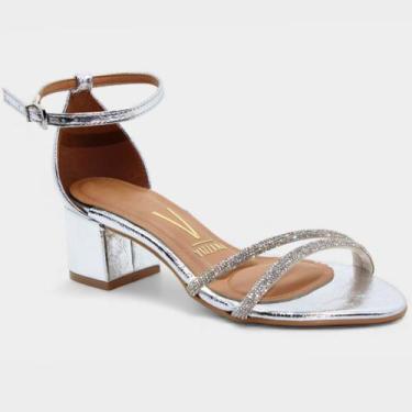Imagem de Sandália Vizzano Salto Bloco Strass Metalizada Feminina - Prata, 37