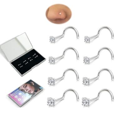 Imagem de Accirrch G23 Conjunto de anéis de nariz de titânio para mulheres e homens - Hipoalergênico 8 peças 20G prata piercing de nariz saca-rolhas com extremidade de zircônia cúbica 1,5 mm 2 mm 2,5 mm 3 mm