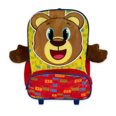 Imagem de Mochila Infantil com Rodinhas, Amarela e Vermelha, Design de Ursinho, para Uso Escolar