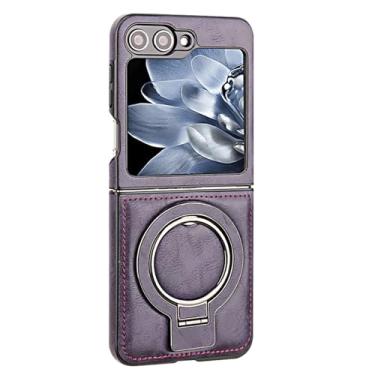 Imagem de Capa de couro para Samsung Galaxy Z Flip 6, com suporte de anel, suporta carregamento sem fio, capa de telefone de luxo