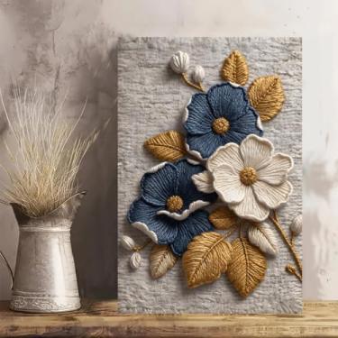 Imagem de Flores bordadas folhas douradas vintage rústico 3D arte de parede em tela - Pôster sem moldura de 30 x 45 cm - Presente ideal para decoração de casa e escritório para sala de estar, quarto, cozinha e