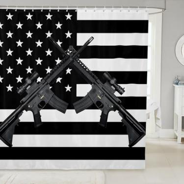 Imagem de Cortina de banho com bandeira americana, metralhadora, cortina de chuveiro para crianças, adolescentes, adultos, federações dos EUA, listras, banheira, chuveiro, rifle militar dos Estados Unidos