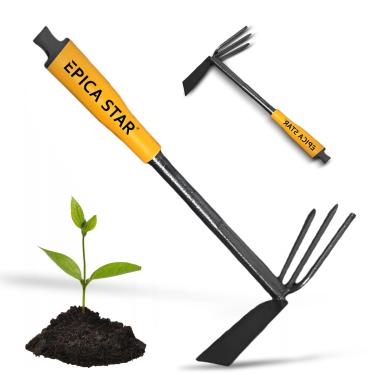 Imagem de Ferramenta de Jardim 2 em 1, Mini Enxada e Ancinho para Vasos, Cabo Curto 34cm, Ideal para Capinar e Preparar Solo em Hortas e Canteiros Pequenos