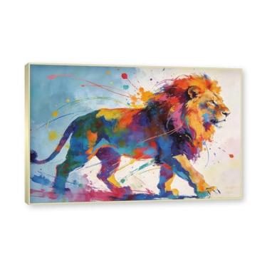 Imagem de NHLDZYH Moldura dourada. Arte abstrata de respingos de leão, pintura colorida de animais em tela, decoração de parede expressiva moderna para sala de estar ou escritório. A90. 40 x 60 cm - 15,8 x 23,7