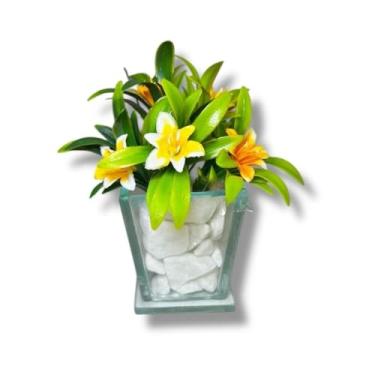 Imagem de Kit de Arranjos Mini Lírio Variado no Vaso de Vidro + Pedras Brancas arranjo de flores artificiais com vaso，arranjo de mesa de jantar(AMARELO,4 UNIDADES)